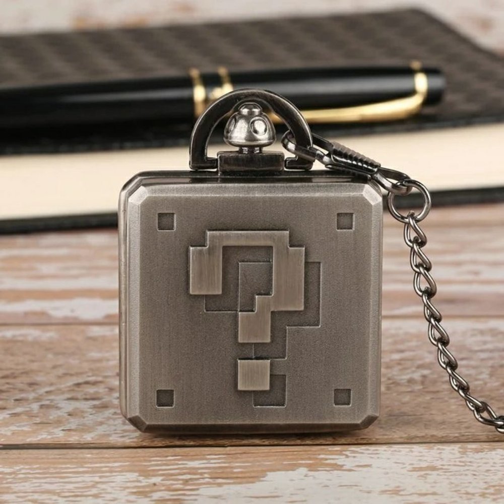 Mario Mystery Block Pocket Watch NEW Gift Nintendo Gamer Vintage Silver Classic - Picture 2 of 6